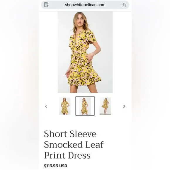 THML Short Sleeve Smocked Leaf Print Dress Large - Picture 2 of 8